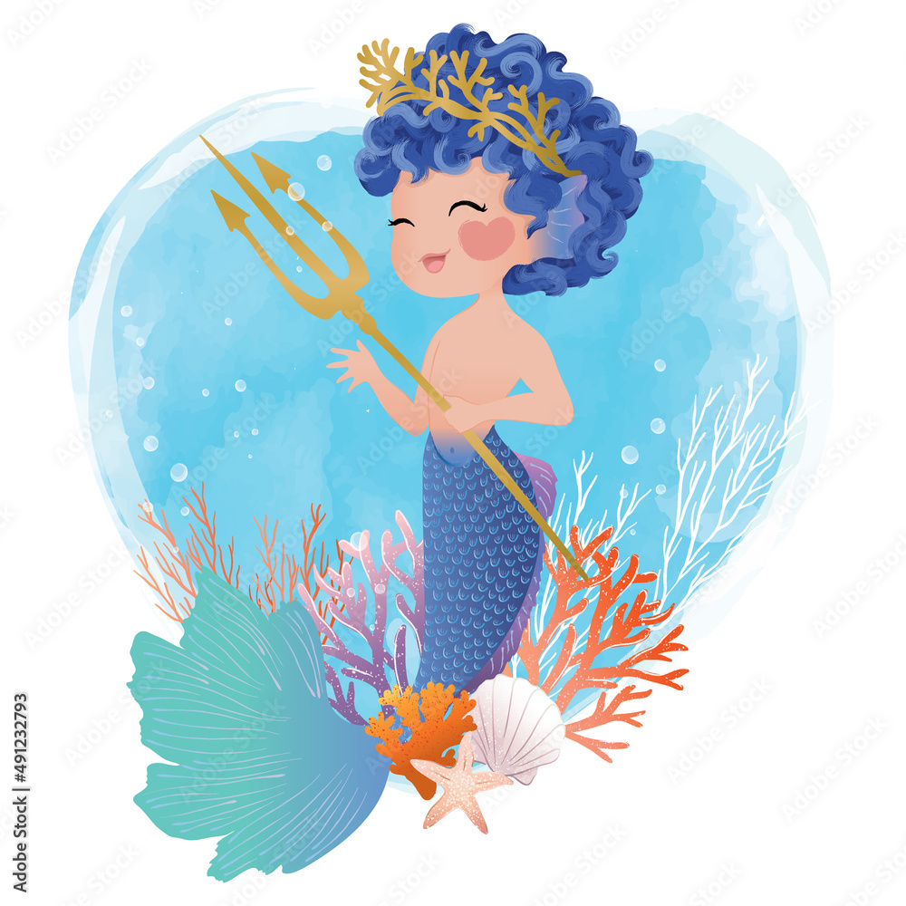 Cute merboy with lovely turtle illustration,children artworks ...