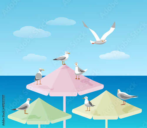 Sea view landscape with seagulls and beach umbrella. Color vector illustration with gradients.