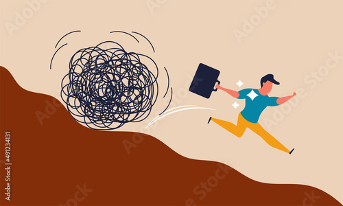 Trouble problem and fear investment to business. Justice money disorder and stress crisis escape vector illustration concept. Unhappy character running and scared. Economic downturn and loss finance