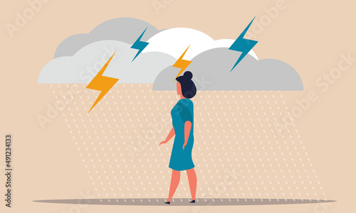 Woman mental health and sitting alone. Human issues problem and therapy frustrated feel vector illustration concept. Confusion and depressed girl with rain cloud. Mindfulness and emotional character