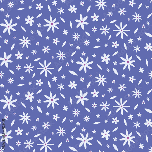 Simple cute white flowers with leaves seamless pattern on very peri background. Great for textile, fabric, wallpaper and gift wrapping paper 