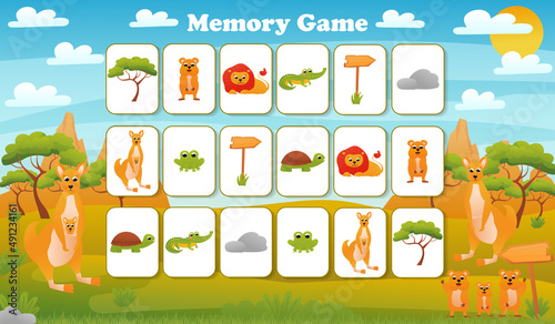 Memory game for preschool children, vector cards with cartoon Australian animals with kangaroo and quokka