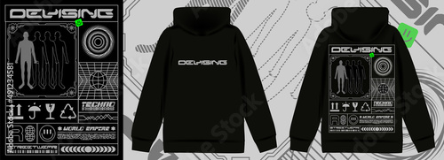 Modern poster with text "Devising". In Techno style, print for streetwear, for t-shirts, hoodies, and sweatshirts. Isolated on black background