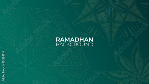 Mandala arabic green Islamic design background. Universal ramadan kareem banner background with lantern, moon, islamic pattern, mosque and abstract luxury islamic elements