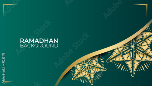 Mandala arabic green Islamic design background. Universal ramadan kareem banner background with lantern, moon, islamic pattern, mosque and abstract luxury islamic elements
