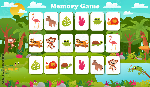 Memory game for preschool children, vector cards with cartoon tropical jungle animals, activity page for book