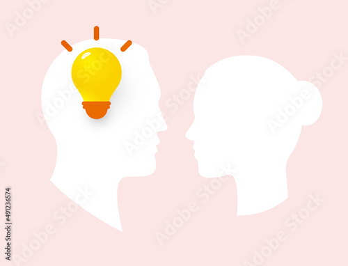 Man's head idea, male logic, inter-sex communication and understanding symbol. Male and female head silhouettes. Light bulb in head, vector logo and illustration