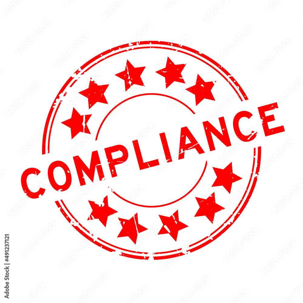 Grunge red compliance word with star icon round rubber seal stamp on white background Grunge red compliance word with star icon round rubber seal stamp on white background
