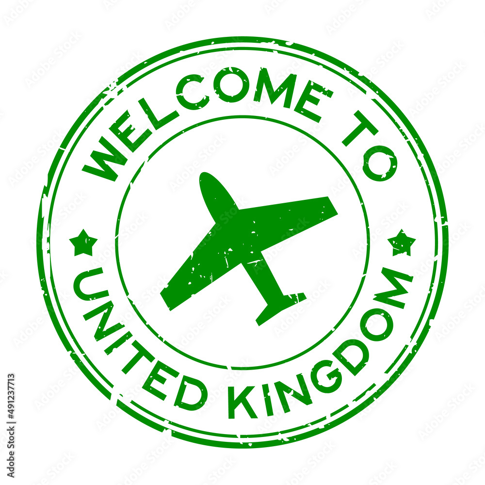 Grunge green welcome to United Kingom word with airplane icon round rubber seal stamp on white background Grunge green welcome to United Kingom word with airplane icon round rubber seal stamp on white background