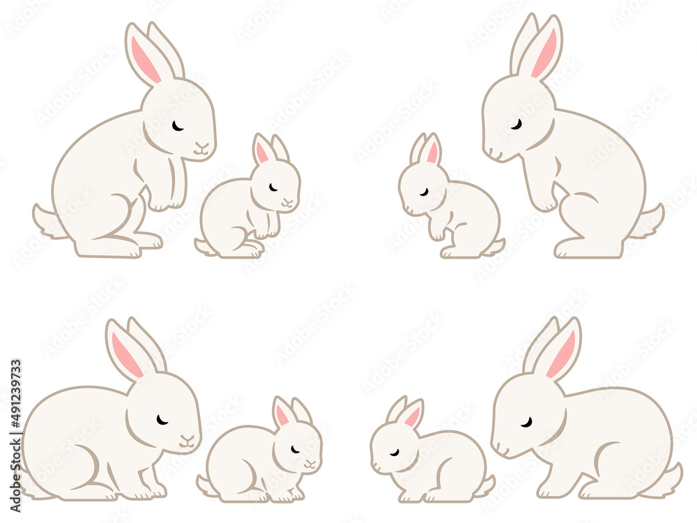 お辞儀する白うさぎの親子のイラストセット お辞儀する白うさぎの親子のイラストセット