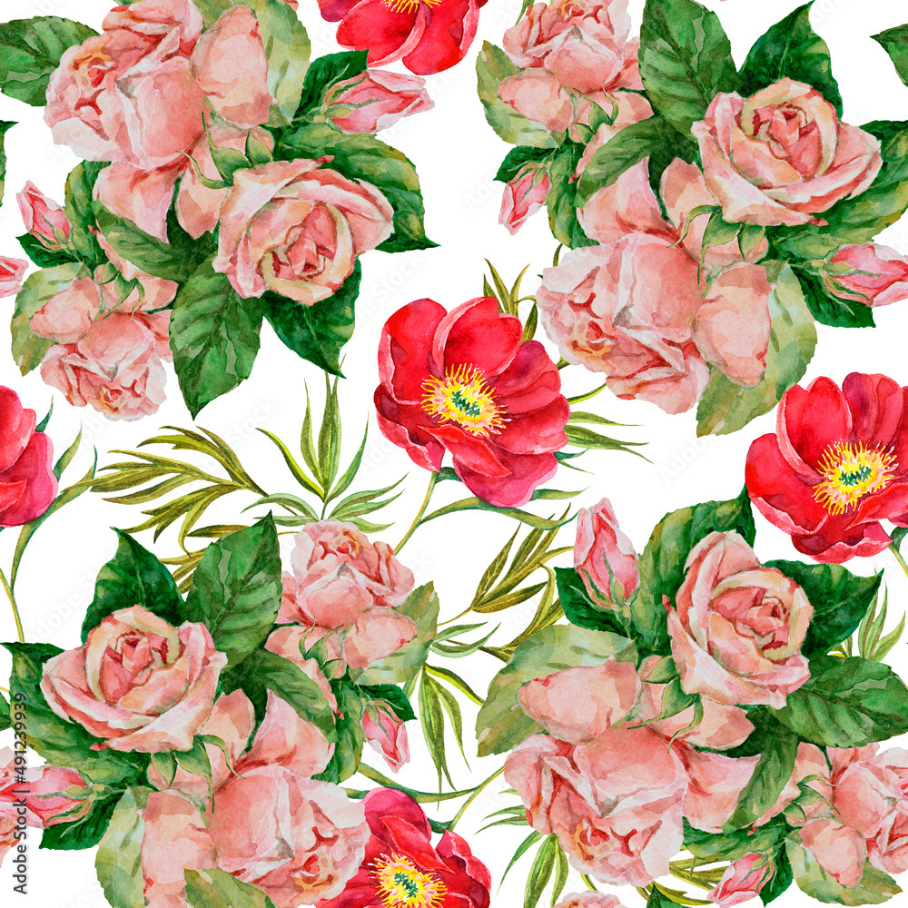 Watercolor bouquet of roses with peony.  Spring seamless pattern.