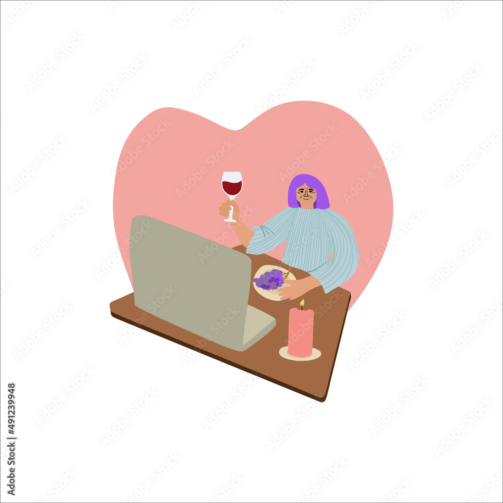 An senior woman character is sitting at a table with a glass of wine and chatting online, arranging a remote date on the laptop. Online dating, technology concept An senior woman character is sitting at a table with a glass of wine and chatting online, arranging a remote date on the laptop. Online dating, technology concept