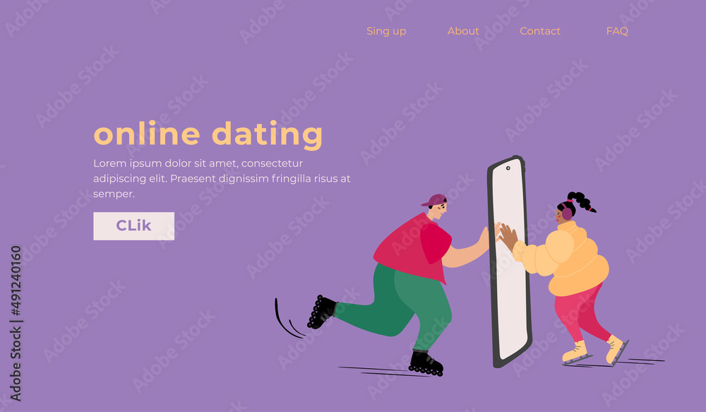 concept for web design starting page. Young couple handdrawn characters skating and communicating online in video chat having remote date on smartphone