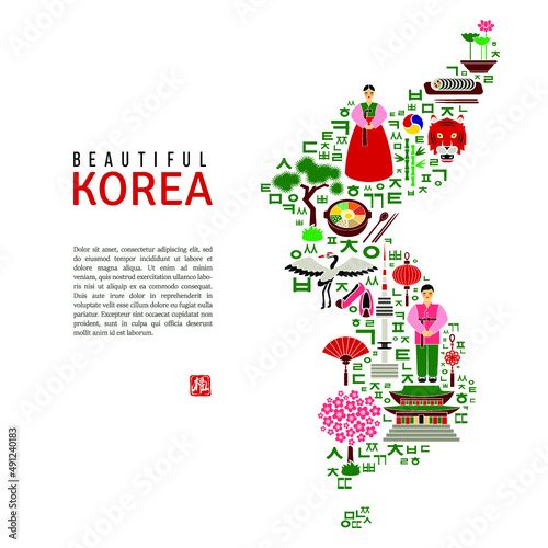 Korea map silhouette with flat colorful icons. Landmark concept. Traditional clothes and cuisine, architecture and nature, letters of Korean alphabet. Stamp with hieroglyph for Blessing. Vector