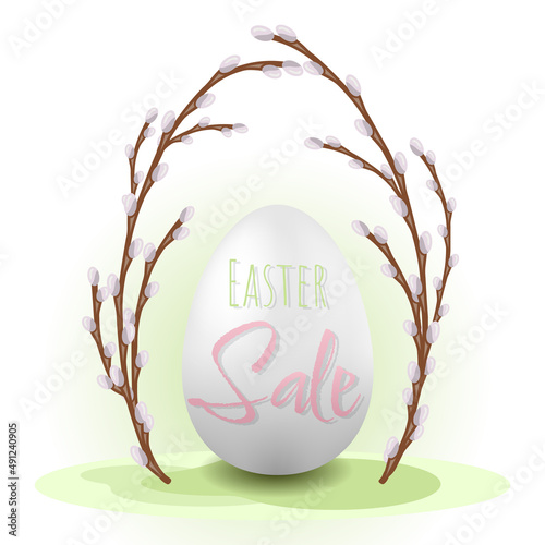 eastr sale egg willow sign green background spring