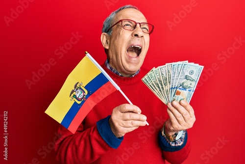 Handsome senior man with grey hair holding ecuador flag and dollars angry and mad screaming frustrated and furious, shouting with anger looking up.