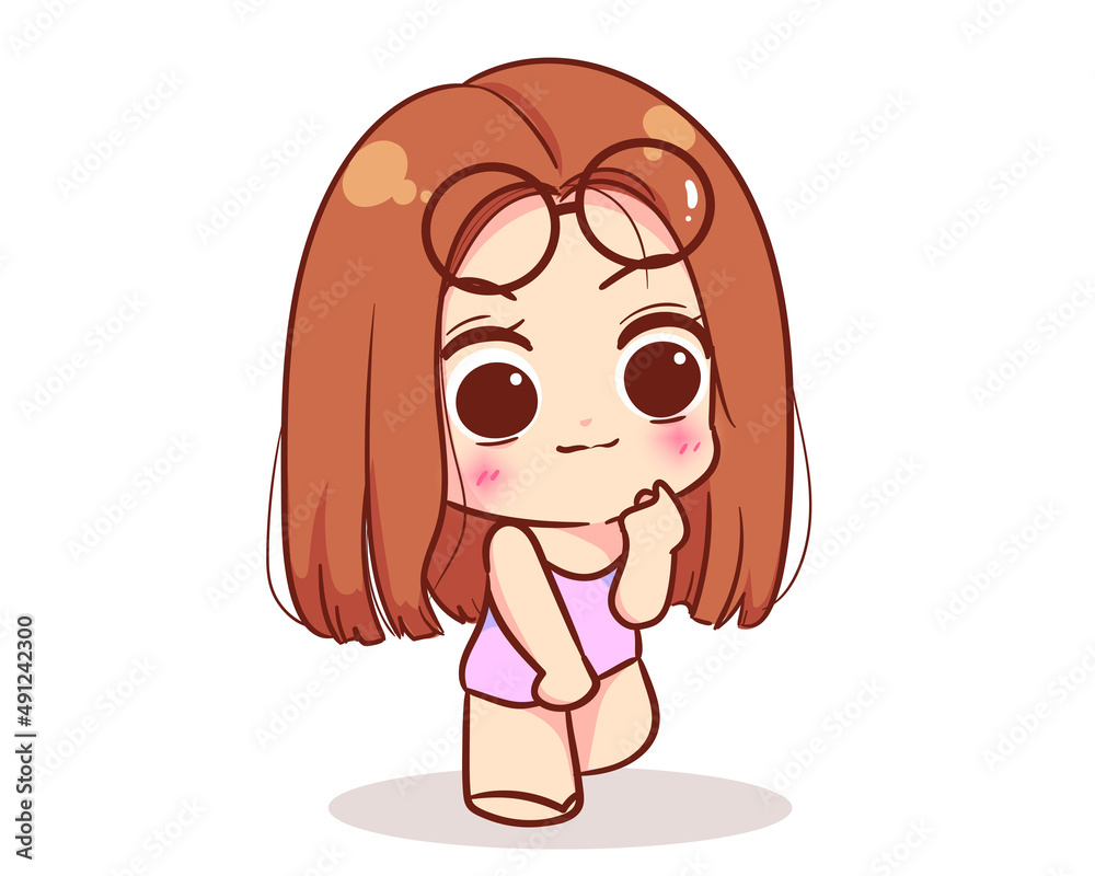 Cute kid girl in swimming costume character cartoon logo hand drawn art illustration