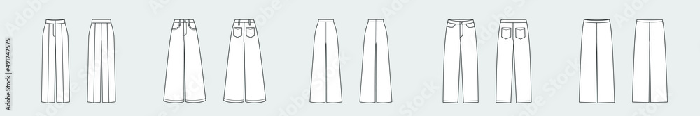 Pants, trousers. Set of female vector templates isolated on a grey background. Front and back view. Outline fashion technical sketch of clothes model. Pants, trousers. Set of female vector templates isolated on a grey background. Front and back view. Outline fashion technical sketch of clothes model.