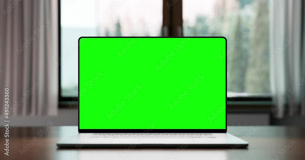 Laptop with blank screen on table smooth zoom with soft stop. home interior, luma matte for screen and tracking mask included. 4k 30fps UHD Laptop with blank screen on table smooth zoom with soft stop. home interior, luma matte for screen and tracking mask included. 4k 30fps UHD