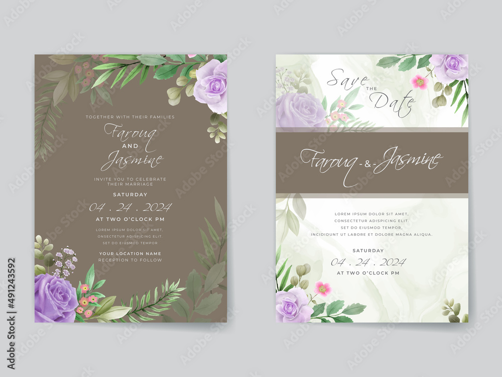 Romantic purple roses wedding invitation card