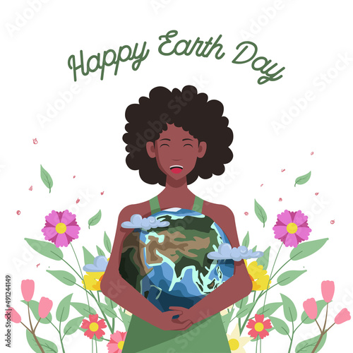 Black woman afro african holding and hugging earth globe planet with flower bloom background for happy earth or environmental day