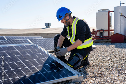 Wallpaper Mural Technician examining solar panels on sunny day Torontodigital.ca