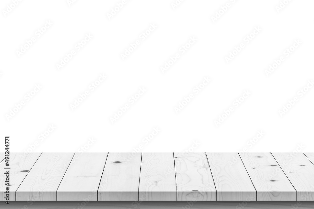 Empty white wooden table top isolated on white background Empty white wooden table top isolated on white background
