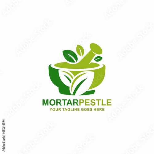 Mortar and pestle pharmacy logo vector