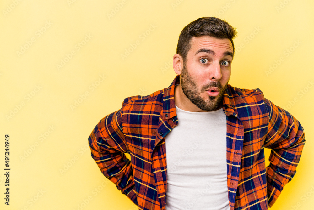 Young caucasian man isolated on yellow background being shocked because of something she has seen. Young caucasian man isolated on yellow background being shocked because of something she has seen.