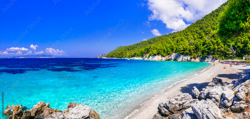 Most secenic beaches of Skopelos island - Kastani with crystal turquoise sea. Greece, northen Sporades