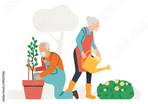Old man and woman gardening. People taking care of plants