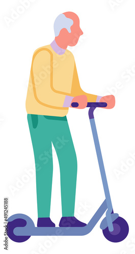 Old man on electric kick scooter. Urban escooter transport