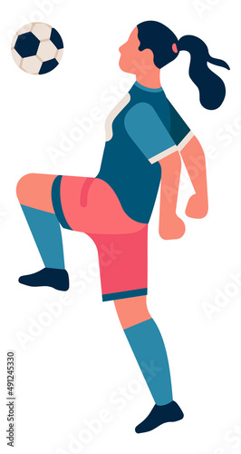Player kick ball with knee. Soccer playing woman