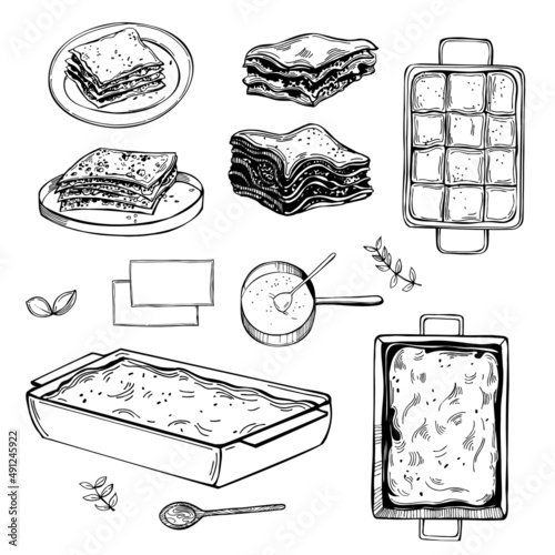 Lasagna set. Sketch illustration.