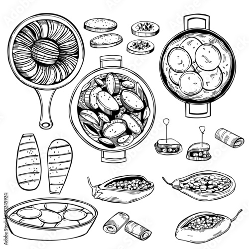 Eggplant dishes. Sketch illustration.