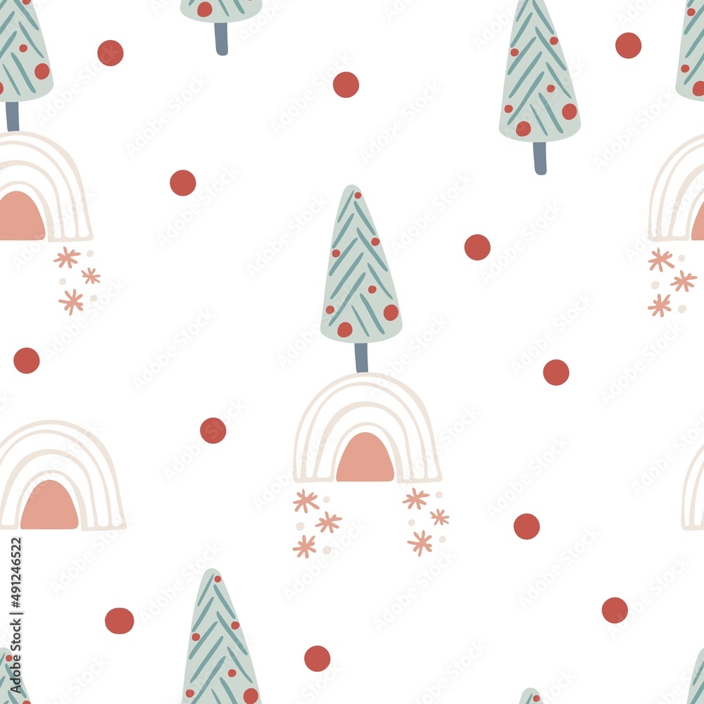 Seamless pattern in boho style. Vintage winter, Christmas elements, winter decorations and abstract elements. Design for textiles, cards, invitations, wrapping paper and boxes. Hand drawn elements