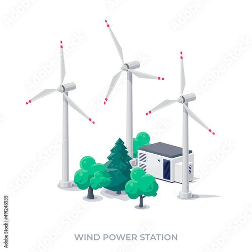Wind turbines power plant station building factory icon. Renewable sustainable wind park energy generation. Isolated vector illustration of windmill farm on white background.