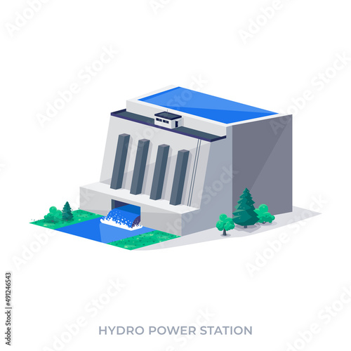 Hydroelectric clean power plant station factory. Renewable green sustainable hydropower energy generation with water flowing out reservoir dam. Isolated cartoon vector illustration on white background photo