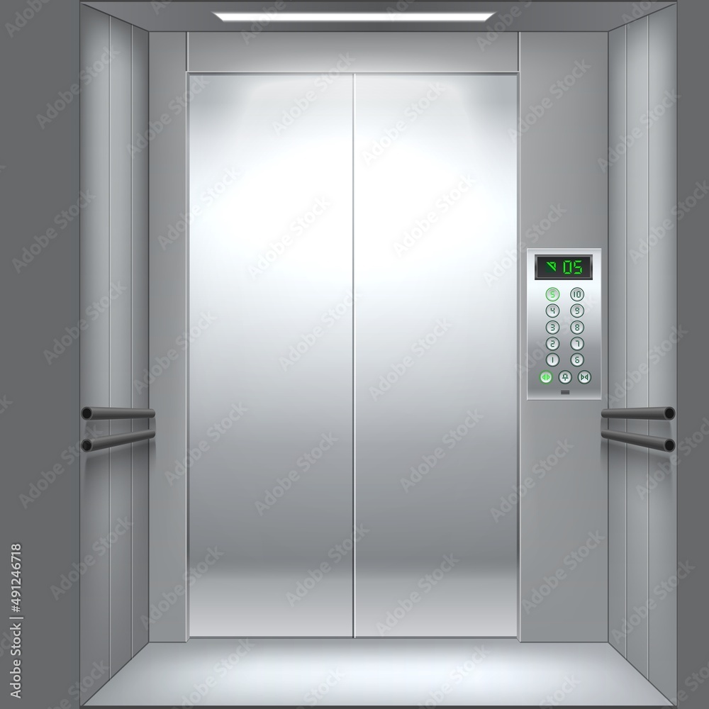 Realistic elevator cabin. Lift inside view. Metal close doors. 3D empty interior with buttons and electronic floor index. Building machine steel walls. Panel and lamp. Vector concept Realistic elevator cabin. Lift inside view. Metal close doors. 3D empty interior with buttons and electronic floor index. Building machine steel walls. Panel and lamp. Vector concept