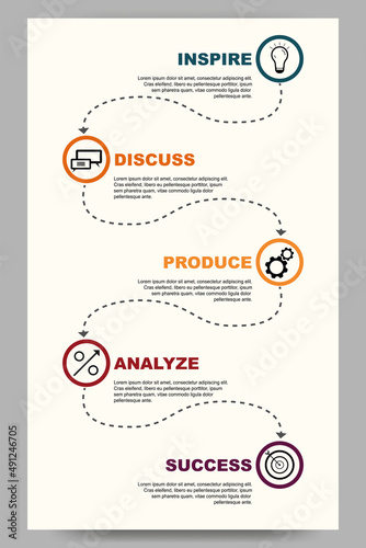 Vertical SEO marketing infographic flowchart with 5 stages. Startup progress and development cycle