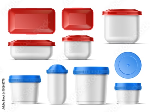 Realistic food containers. White plastic product boxes with color caps. Home storage packaging mockup. Clear jars and pots. Round and square shapes. Vector isolated reusable packages set