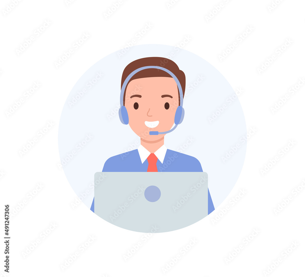 Avatar of the call center operator. A man with headphones and a laptop. Avatar of the call center operator. A man with headphones and a laptop.