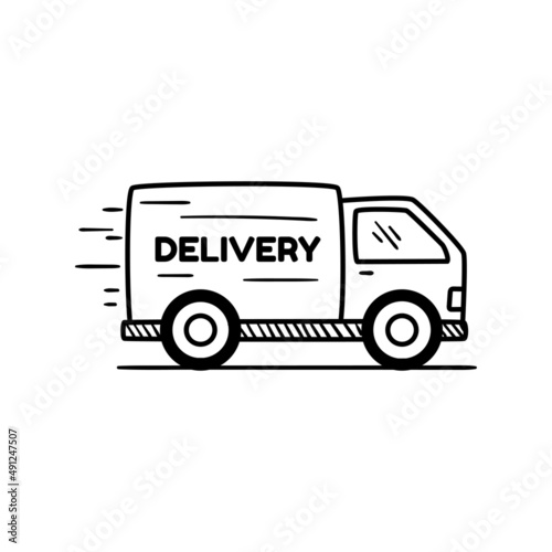 Hand-drawn delivery truck icon isolated on white background. Delivery truck doodle illustration