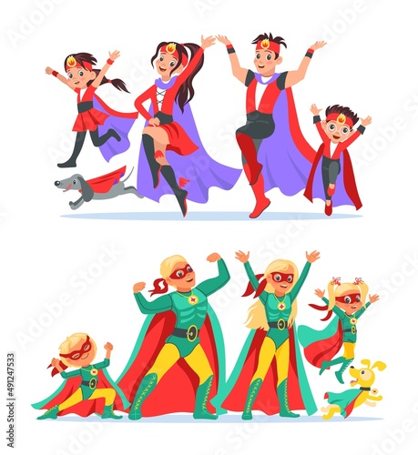 Superhero family. Parents, children and pet in colorful costumes. Cheerful defenders set. People posing in masks and capes. Dads or moms with superpower. Boys, girls and dog. Vector concept