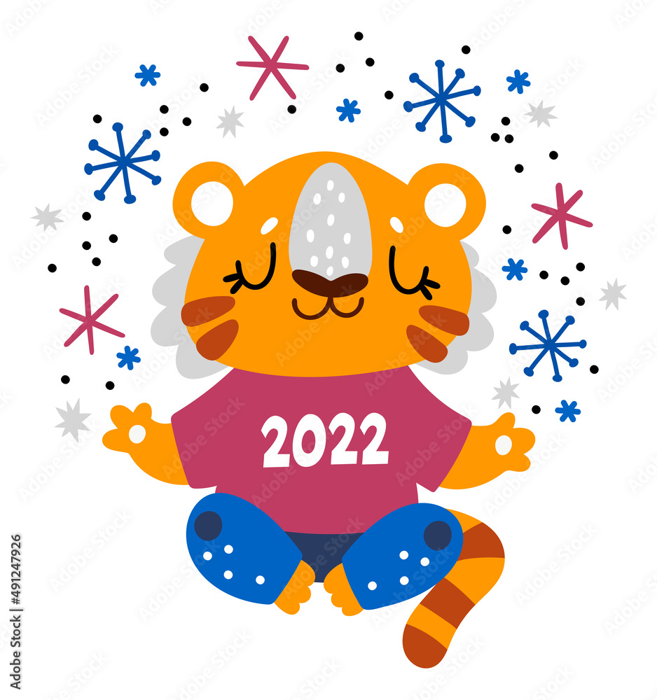 Naklejka premium Zen tiger. 2022 year symbol in cute childish style