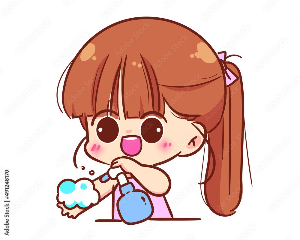Cute kid girl washing hands with soap character cartoon logo hand drawn art illustration Cute kid girl washing hands with soap character cartoon logo hand drawn art illustration