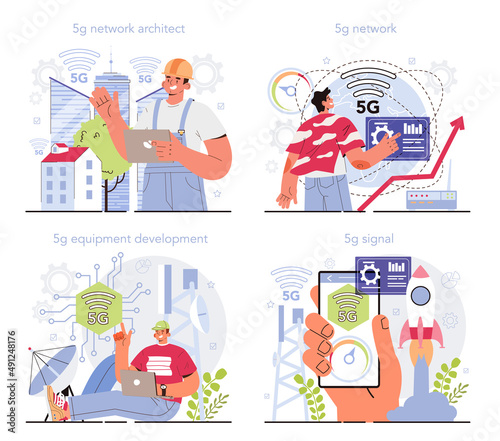 5G network architect concept set. 5G wireless network equipment