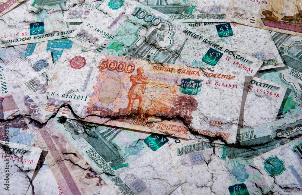 Naklejka premium The concept of the ruble depreciating due to the Russian invasion in March 2022.