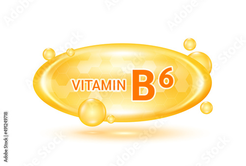 Vitamin B6 and minerals complex. Glossy vitamins pills capsules. Pill, Healthy food supplement. Medical scientific and healthcare concept. Isolated on white background 3D Vector EPS10.