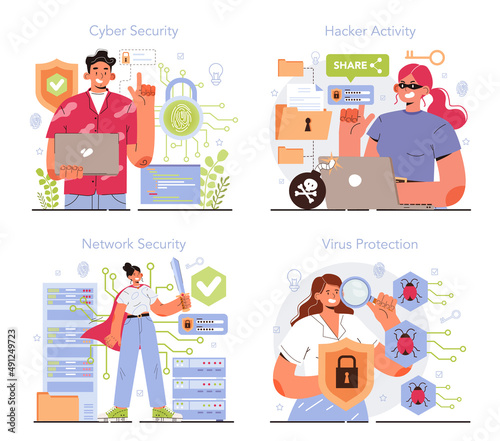 Cyber or web security specialist set. Digital data protection and database